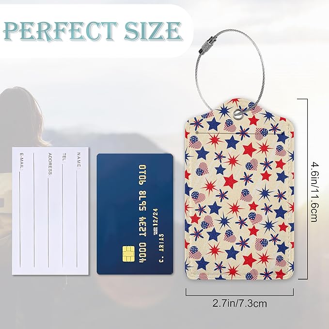 Luggage Tags for Suitcase,2 Pack American Stars Flag Luggage Tag PU Leather Privacy Cover ID Label with Stainless Steel Loop for Women Men Teens Travel