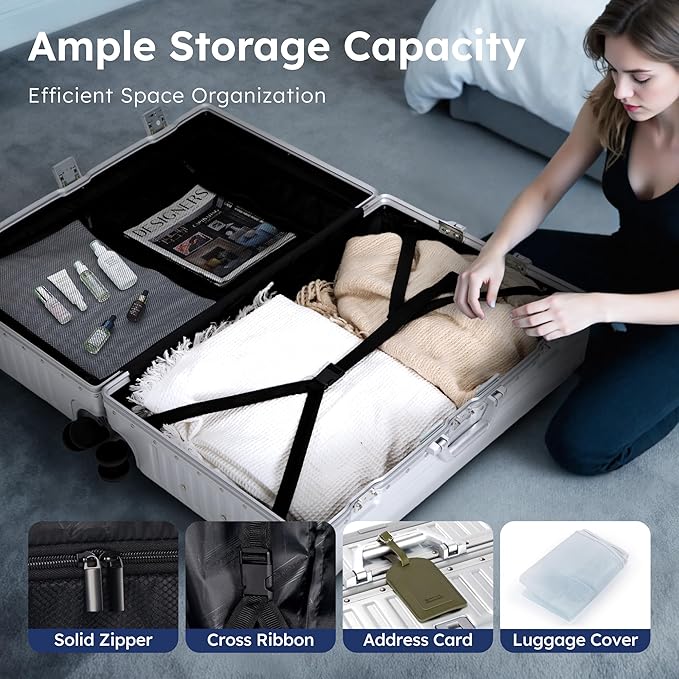 ALPHA CAMP 2 Piece Luggage Sets With Dual Layer Aluminum Frame, TSA Locks, 3-Layer PC 20" Carry-on 24" Checked Lightweight Hardside Zipperless Suitcase Sets, Type-C USB Charging Port, Cup Holder