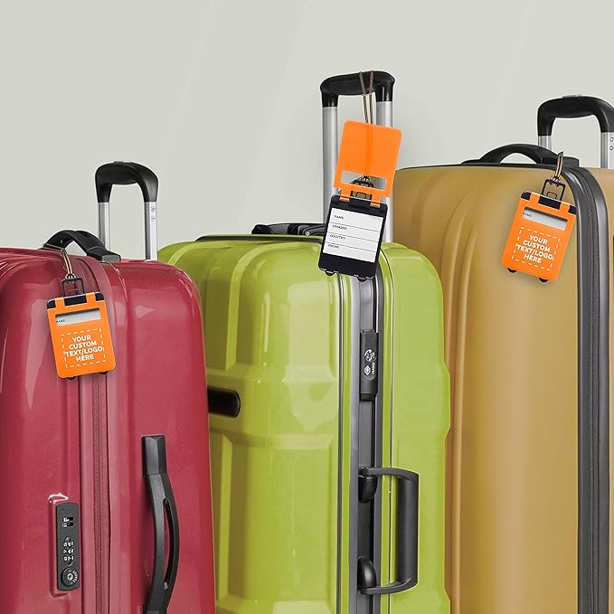 10 Mini Carry-on Luggage Tags Pack - Customizable Text, Logo - Flip Open Cover, ID Sticker - Orange