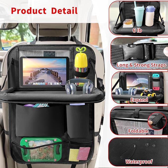 Etre Jeune Car Backseat Organizer with Tablet Holder, 6 Storage Pockets Foldable Table Tray Seat Back Protectors Kick Mats Travel Accessories, 2 Pack Black
