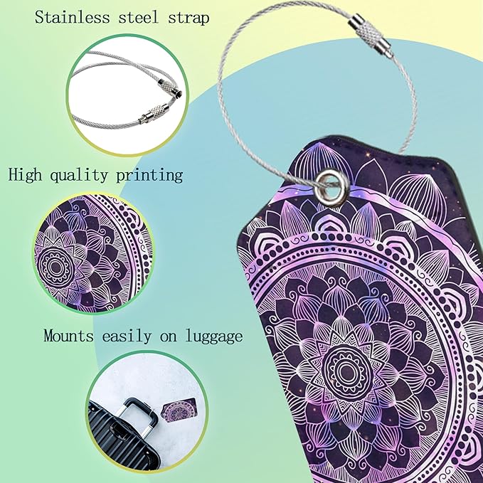 Luggage Tags for Suitcase,2 Pack Boho Mandala Luggage Tag Galaxy Starry Leather Privacy Cover ID Label with Stainless Steel Loop for Women Men Kids Girls Travel