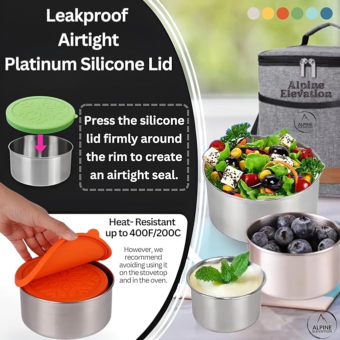 Alpine Elevation 12 Pcs - 6 Stainless Steel Containers + 6 Silicone Lids | 304 Stainless Steel Snack Container | Nesting Snack and Dip Containers | Metal Food Storage