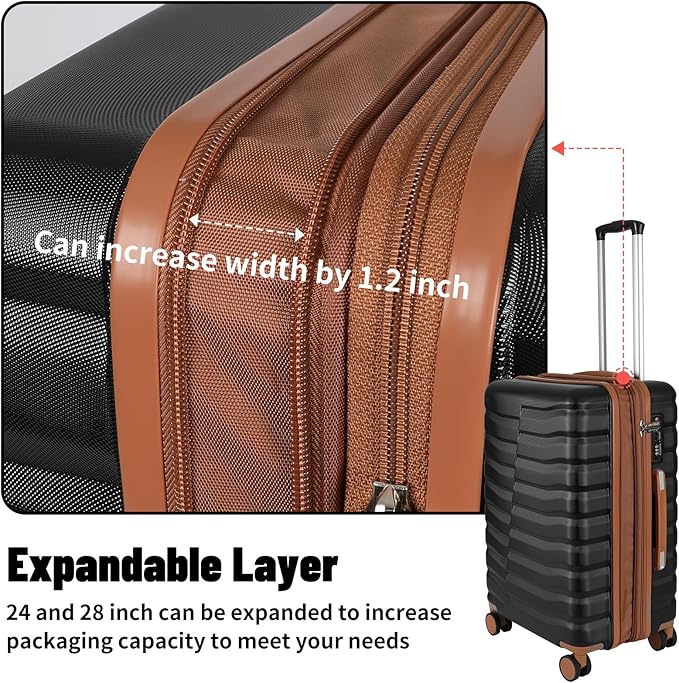 Lightweight Luggage with Spinner Wheels & YKK Zipper, 3-Piece Suitcase ABS+PC Hardside Hard Shell Luggage Set with TSA Lock, Black & Brown (20+24+28 inch)