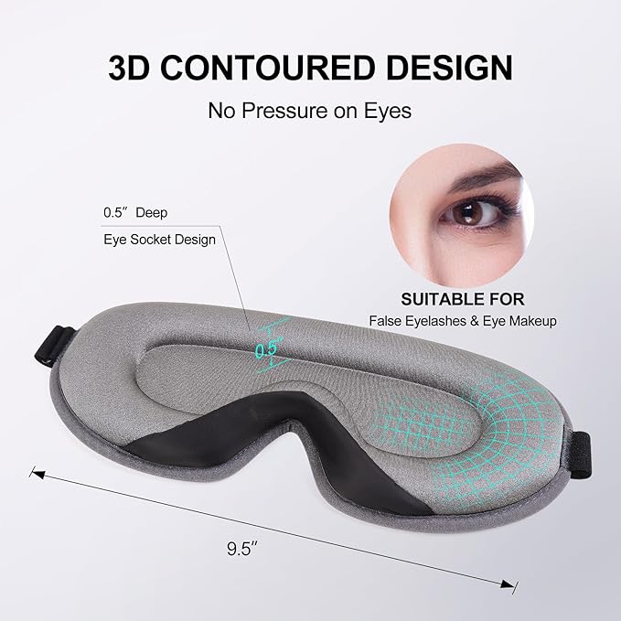 Eye Mask for Sleeping, 3D Contoured Cup Sleep Mask for Men Women, Soft Breathable Blackout Blindfold, Travel Eye Cover, Night Sleeping Mask with Adjustable Buckle for Side Sleeper (Grey, 1 Pack)