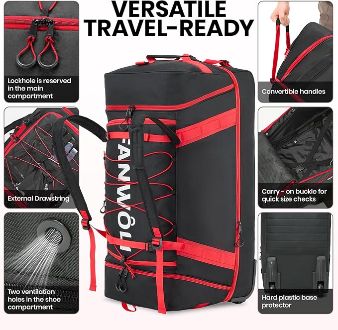 Fanwoli 85L 100L Large Rolling Duffle Bag with Shoes Compartment, 30’’ Expandable & Foldable Heavy Duty Water Resistant Travel Backpack, Convertible Foldable Duffel for Gym Camping Weekender