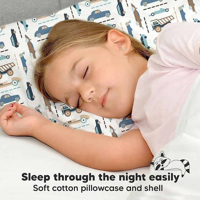 Toddler Pillow with Pillowcase - 13x18 My Little Dreamy Kids Travel Bed Pillows for Sleeping, Organic Cotton Small Pillowcase, Soft & Breathable, Machine Washable, Toddlers 2-5 years old (Vroom)