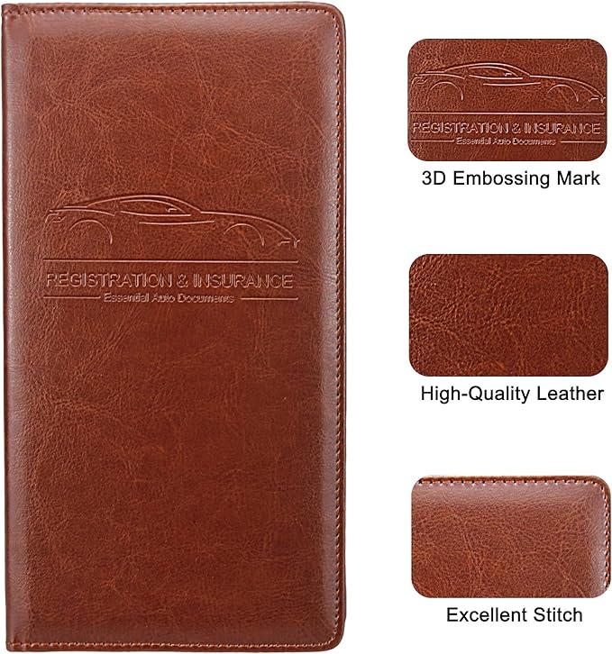 Premium Car Registration & Insurance Card Holder with Magnetic Shut, Vehicle Glove Box Car Organizer - For Documents, Cards, License (Brown)