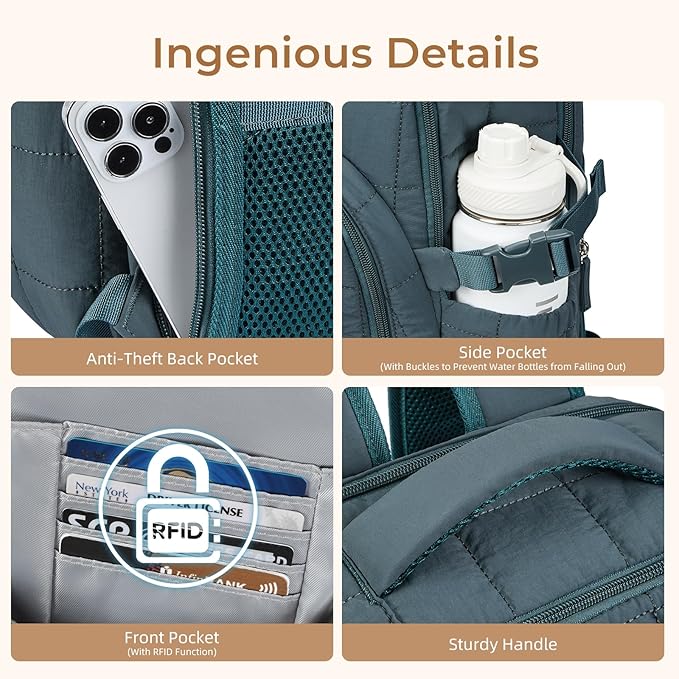 CLUCI 17.3 Inch Laptop Backpack for Women, Anti Theft Travel Backpack, Puffer Quilted Work Backpack, Water Resistant College Bookbag, Carry on backpack with RFID(Green)