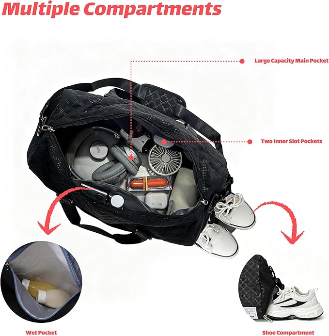 Large Foldable Gym Bag with Shoes Compartment&Wet Pocket,Hospital Bag for Women Labor Delivery,Carry On Overnight,Duffle Bags for Travel,Dance,Cheer,Yoga (Black)