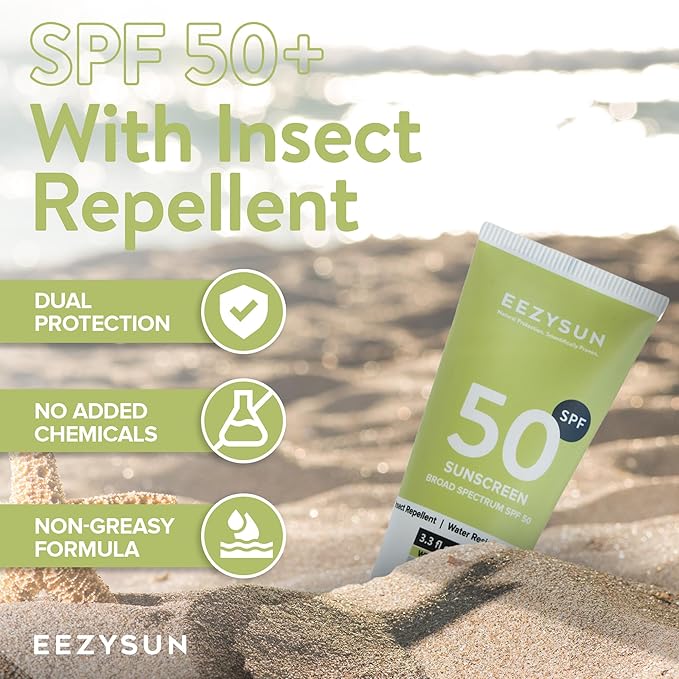 SPF 50 Sunscreen and Insect Repellent - Water-Resistant Sunscreen Travel Size & Bug Repellent with Citronella Oil, Lemongrass, and Neem Oil - Reef-Safe Bug Repellent Outdoor - 3.3 fl oz