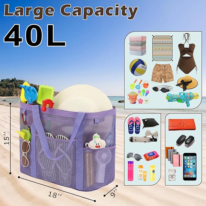 Mesh Beach Bag, Large Beach Tote with Zipper Pocket for Family Pool Bag for Toys & Vacation Essentials