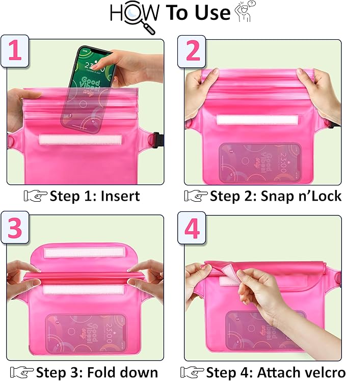 2-Pack Waterproof Fanny Pack, Phone Pouch with Waist Strap, 9x6.7 Inch Dry Bag for Phone, Cash, and Valuables – for Swimming, Kayaking, Boating, Snorkeling, and Water Sports (2, Pink + Blue)