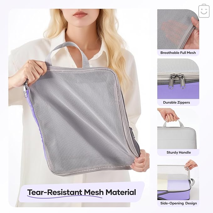 Veken 9/11 Set Compression Packing Cubes for Travel Essentials,Compressible Expandable Large Luggage Suitcase Organizer Bags for Clothing,Durable Space Saver Storage Bags(Light Purple)