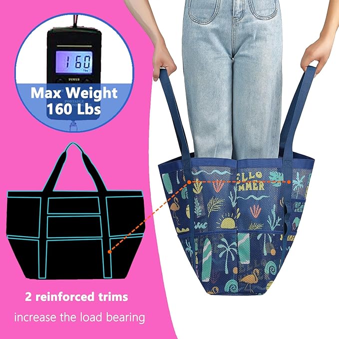 Mesh Beach Bag, Large Beach Tote with Zipper Pocket for Family Pool Bag for Toys & Vacation Essentials