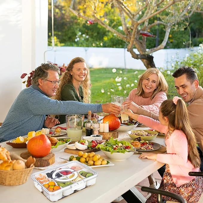 2 Pack Snackle Box Container with 8 Compartments, Clear Divided Serving Tray with Lid and Handle, Snack Bentobox for Charcuterie, Candy, Fruits, Nuts, Picnic, Travel, Beige