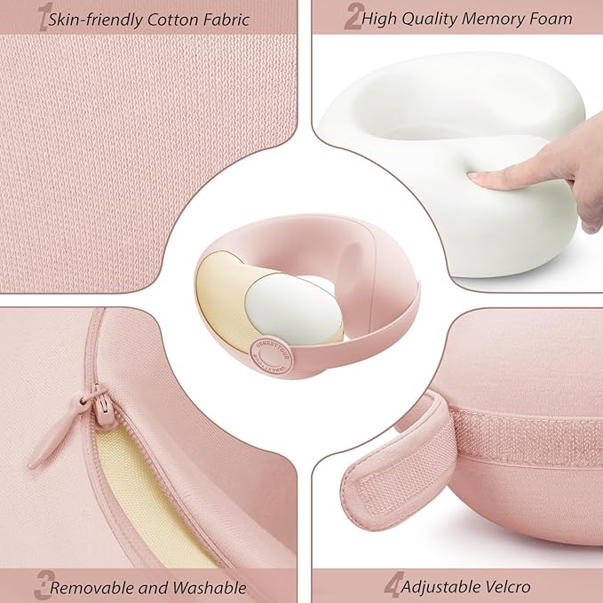 Car Pillow for Big Kids Travel Neck Pillows, Memory Foam Neck Support Travelling Pillow with Washable Cotton Pillowcases and Storage Bag, for Airplane, Train, Flight and Home Use Pink