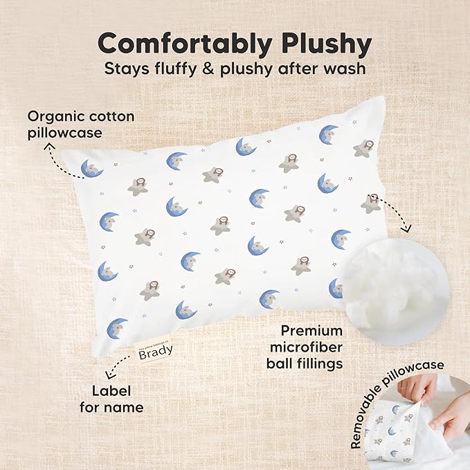 Mini Toddler Pillow with Pillowcase - 9x13 My Little Dreamy Travel Kids Pillow for Sleeping, Toddler Bed, Small, Tiny, Organic Cotton Pillowcase, Soft & Breathable, Kids 2-4 Years Old (Construction)