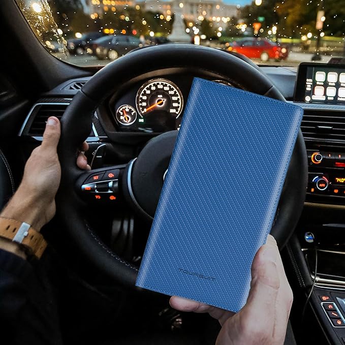 TOURSUIT Car Registration and Insurance Card Holder, Vehicle License Document Glove Box Compartment Organizer, Essential Car Wallet Case for Driver Auto Owners (Carbon Blue)