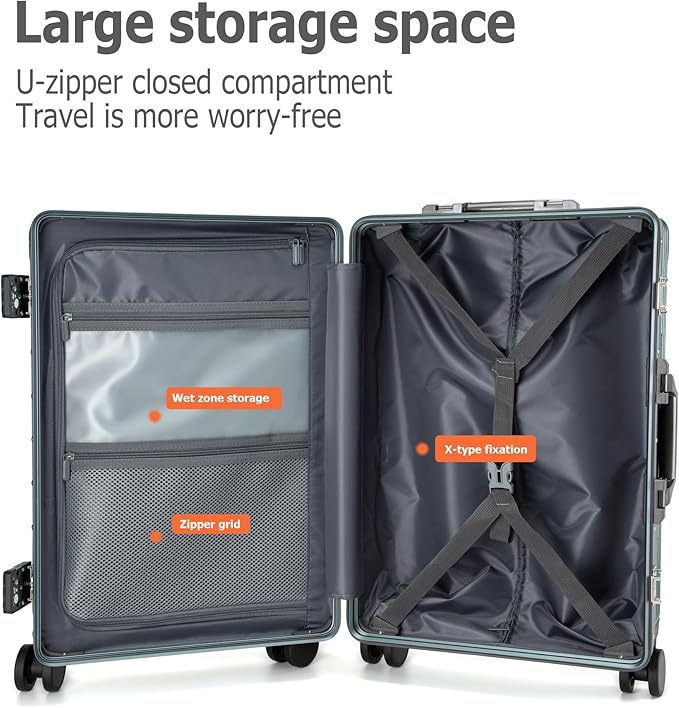 feilario 24in Aluminium Frame PC Hard Shell Spinner Wheels Luggage, Built-In TSA lock Carry on Suitcase, with Cup Holder, USB Port, Phone Holder