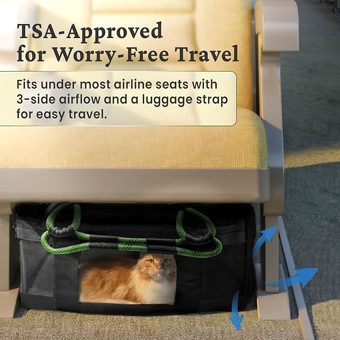 FLUFFY COMMUTE™ TSA Airline Approved Dog Carrier | Soft-Sided | Fits Small Dogs & Pets Up to 15 lbs & 17” Long × 11” Tall | Black w/Green Handle