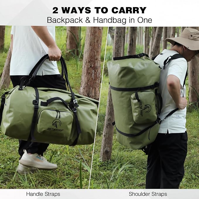 REDCAMP 80L Large Waterproof Duffel Bag, Rolltop Dry Backpack Duffle Bags with Quick-fixed Straps for Camping Motorcycle Boating Rafting Kayaking Paddle boarding, 80L Army Green
