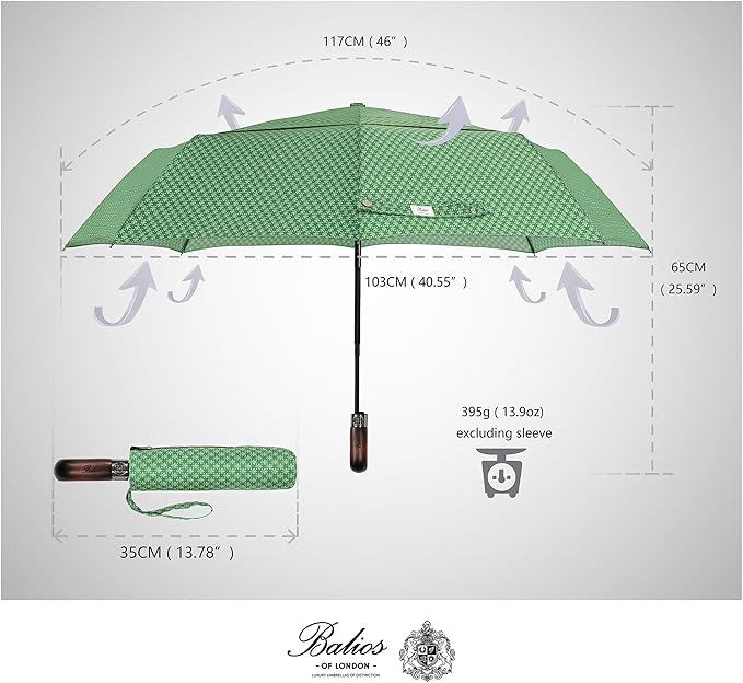 Balios Travel Folding Umbrella with Real Wood Handle Auto Open Close Vented Windproof Canopy - Designed in UK