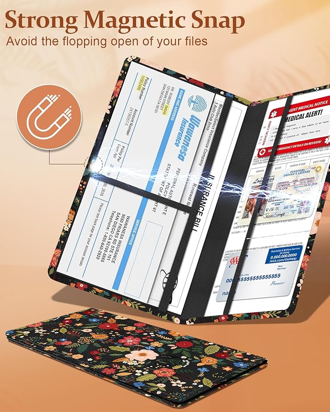 Slohif Car Registration and Insurance Card Holder - Blossom Vehicle Glove Box Organizer Women with Magnetic Shut Leather Automobile License Holders Coasters Auto Accessories Case for Document