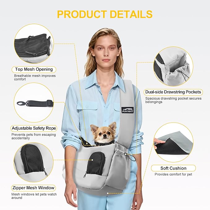 Dog Carrier Sling for Small Dogs & Cats Hand-Free Puppy Sling Purses with Storage Bag and Adjustable Shoulder Strap, Pet Sling Carrier Up to 8.8 Lbs (Grey)