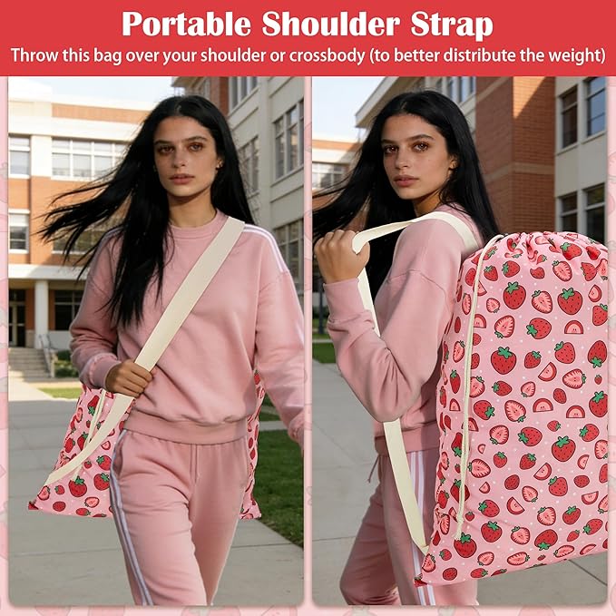 Canvas Laundry Bag with shoulder Strap 24" x 29", Large Drawstring Dirty Clothes Bag Washable Laundry Sack for College Dorm, Travel, Home, Camp (Strawberry)