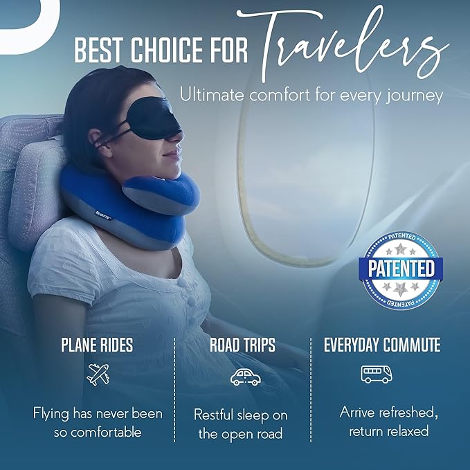BCOZZY Travel Neck Pillow for Airplane – Patented Double Support for Head, Neck, and Chin. Best for Long Flights, Plane Sleeping & Car Rides. Adjustable Size. Fully Washable. Carry Bag. X-Large, Navy