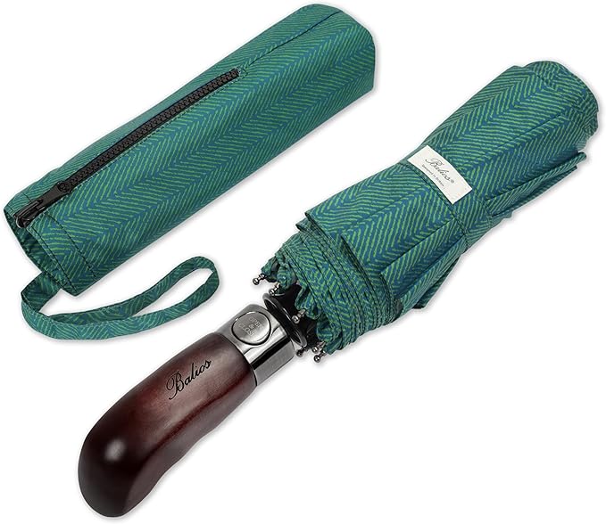 Balios Travel Folding Umbrella with Real Wood Handle Auto Open Close Vented Windproof Canopy - Designed in UK