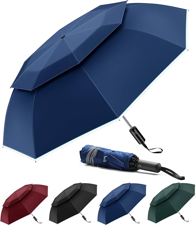 Urvoix Travel Umbrella Compact Windproof - Vented Double Canopy Umbrellas for Rain, Portable Umbrella Inverted Automatic Open Close with Reflective Strip