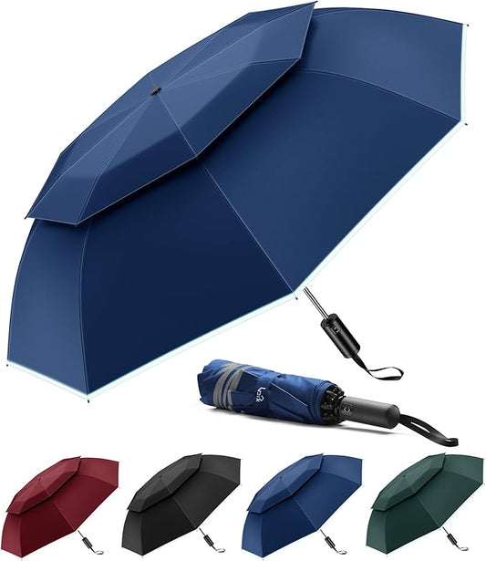 Urvoix Travel Umbrella Compact Windproof - Vented Double Canopy Umbrellas for Rain, Portable Umbrella Inverted Automatic Open Close with Reflective Strip