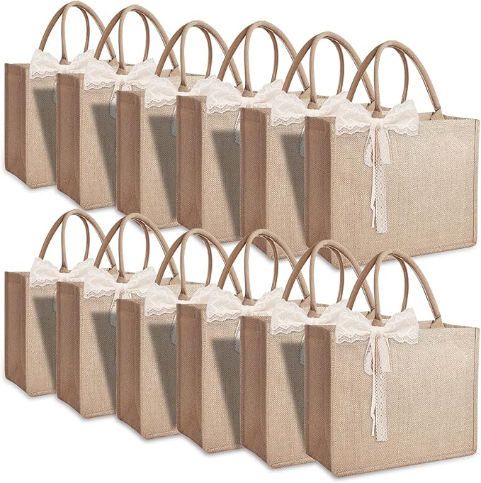 12pcs Burlap Tote Bag Set with Handles, Waterproof Reusable Blank Water Resistant Grocery Bags with Ribbon Large Jute Tote 15.35*6*12 Inch for Women Bridesmaid Gift Beach Shopping Wedding Travel DIY