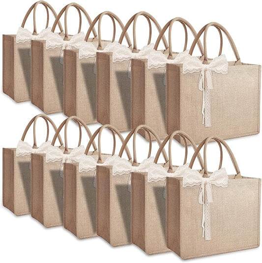 12pcs Burlap Tote Bag Set with Handles, Waterproof Reusable Blank Water Resistant Grocery Bags with Ribbon Large Jute Tote 15.35*6*12 Inch for Women Bridesmaid Gift Beach Shopping Wedding Travel DIY