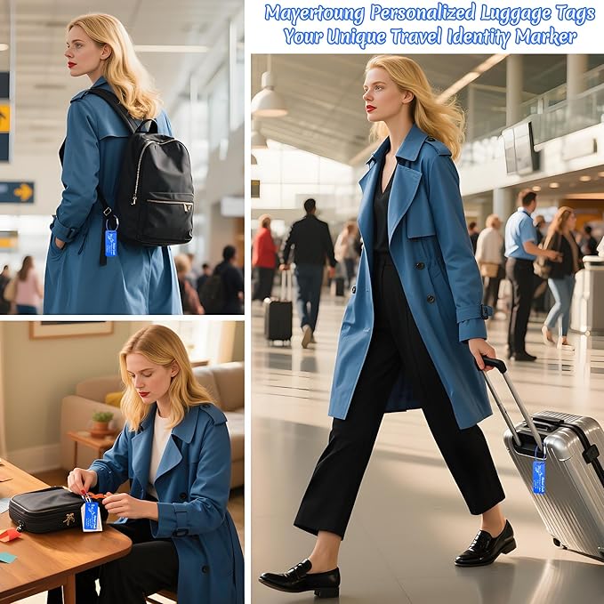 4 PCS Personalized Luggage Tags for Suitcase, Custom Engraved Aluminum Luggage Tags with Your Personalized Text Logo, Metal Name Tags with Steel Loop for Bag, Suitcase, Backpack (Blue, Small)