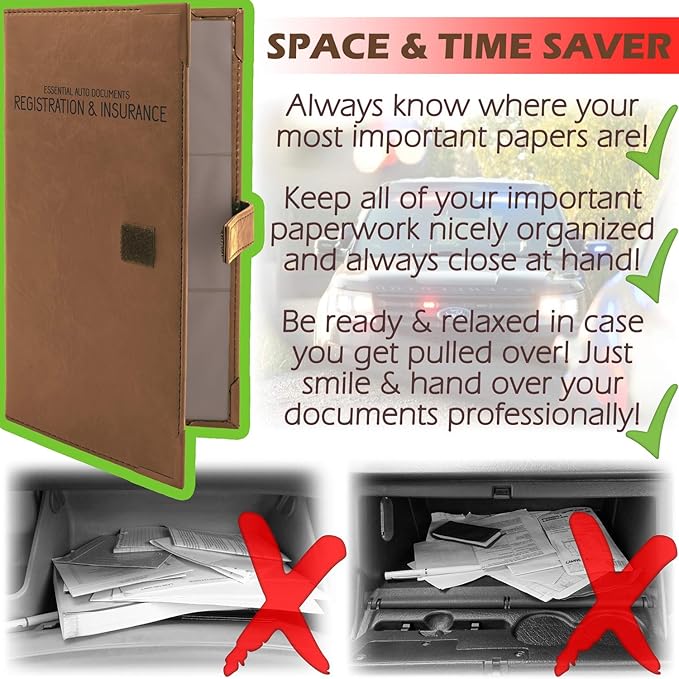 Auto Insurance and Registration Card Holder - Vehicle Glove Box Document Organizer - Car Essential Paperwork Holder for DMV, AAA, Contact Information Cards - Premium PU Leather Wallet Case - Brown