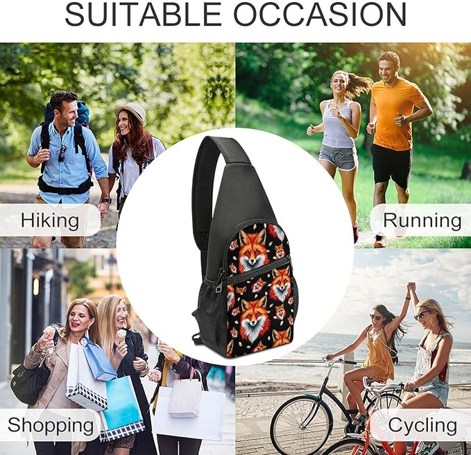 SWEET TANG Fashion Sling Backpack for Men Women, Lightweight Sling Shoulder Bag, Outdoor Chest Crossbody Bike Gym Runner Daypack with Adjustable Strap, Fox Face Art
