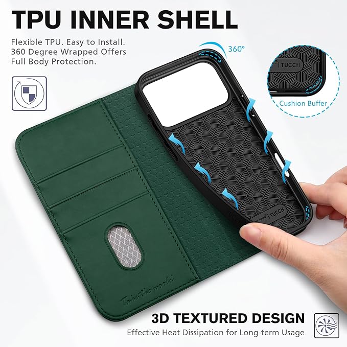 TUCCH Wallet Case for iPhone 17 Pro Max (6.9") 2025, 3 Credit Card Holders, RFID Blocking, Stand, PU Leather, Shockproof TPU Interior Shell, Protective Flip Folio Cover, Midnight Green
