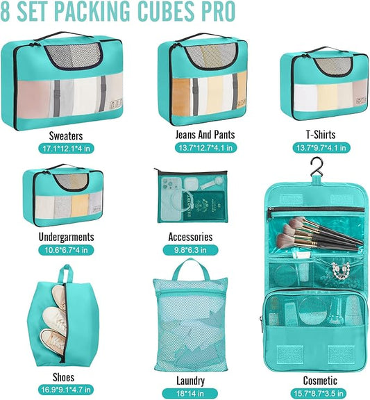 Veken 8 Set Packing Cubes for Travel Essentials, Suitcase Organizer Bags in 4 Sizes, Carry-On Luggage Accessories with Large Laundry & Hanging Toiletry Bag, Must-Have for Airplane, Road Trip & Camping