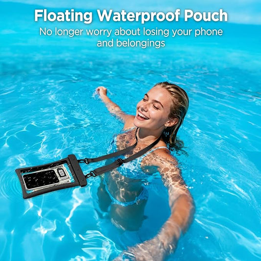 CACOE [Floatable Floating Universal IPX8 Waterproof Phone case 2 Pack-Up to 10.0",Adjustable Lanyard Phone Pouch,Cellphone Dry Bags for Vacation Beach Pool Kayak Cruise Travel Essentials（Black+Black）