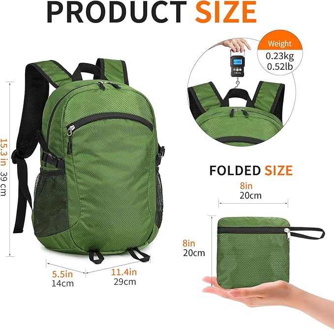 Small Hiking Backpack 15L Travel Lightweight Hiking Packable Daypack Water-Resistant Foldable Backpacks for Women Men Camping (Green)