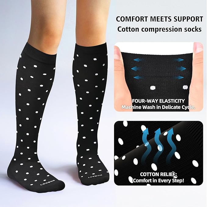 LEVSOX Thick Cotton Compression Socks for Women&Men 20-30mmHg Knee High Cute Support Sock for Nurses, Pregnancy, Travel
