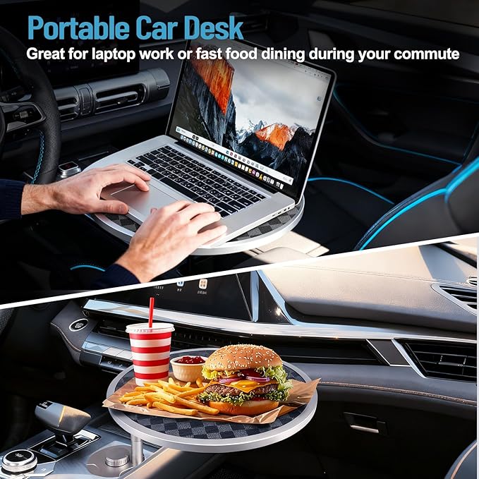 Car Tray Table & Car Desk for Laptop with 2 Risers and Anti-Slip Pad, 360° Rotating Cup Holder for Working and Eating Compatible with Tesla Model 3/Y/S/Ensure The Cup Holder is Round/Grey