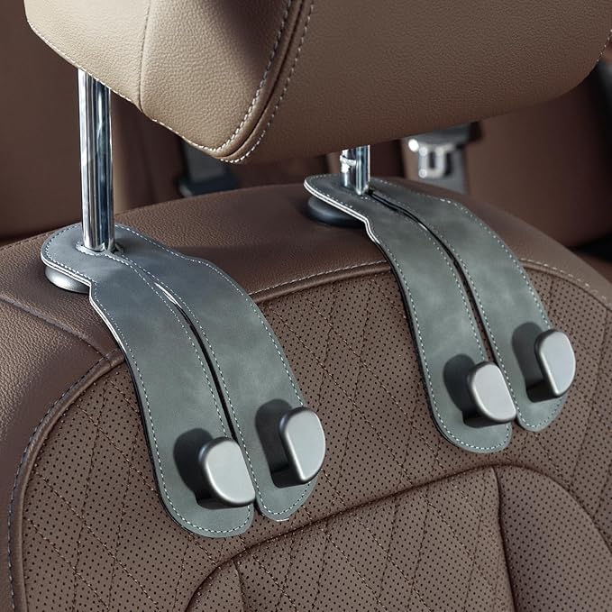 CoBak Headrest Hooks for Car - Universal Premium Stitched Leather and Aluminum-Magnesium Alloy Double Car Seat Back Storage Hook for Purses, Handbags, Bags (2 Pack),Gray