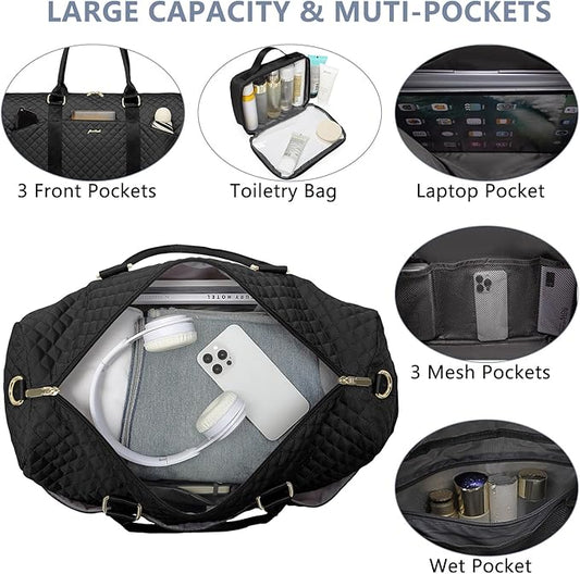 Women Weekender Travel Duffle Bag: Travel Duffel Overnight Bags with Shoe Compartment Large Carry on Tote with Toiletry Bag Weekend Traveling Yoga Gym Hospital Bag for Women with Wet Pocket Black