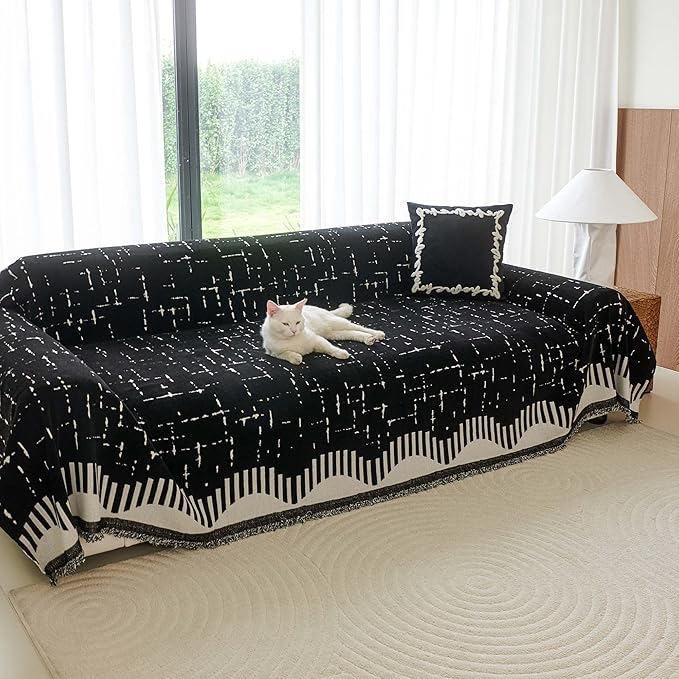 Couch Cover for 3 Cushion Sofa Pet Friendly Furniture Covers, Chenille Sofa Covers Washable L Shape, Boho Couch Blanket Cover with Tassel Decoration, 71"x 134", Black