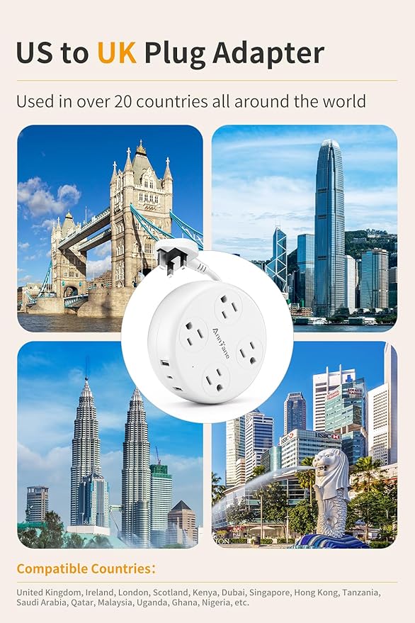 UK Travel Plug Adapter - Retractable Power Strip with 4 AC Outlets & 3 USB Ports (USB-C), Type G Adapter for US to UK, Ireland, Scotland, Hong Kong, Dubai (White)