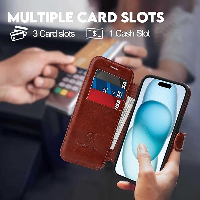 CIVICASE for iPhone 13 Pro Wallet Case with Stand,PU Leather Flip Credit Card Holder Slots (RFID Blocking),Compatible with Magsafe Magnetic Holder Phone Cover Women Men,Dark Brown