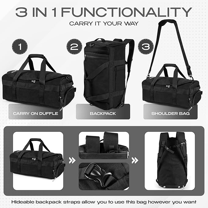 3-in-1 Duffle Bag Backpack for Men & Women –Travel Backpack with Cup Holder, Shoe & Laptop Compartment with Ventilation for Gym, Workout, Weekender, Traveling - 8.5 x 18.9 x 10.6 Inches
